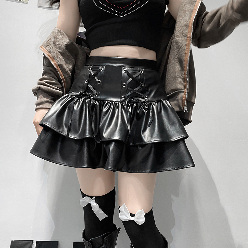 E-girl Punk Style PU Leather Mini Skirts Hight Waist Lace Up Bandage Black Pleated A-line Skirt Streetwear Girls Dark Academia E-girl Punk Style PU Leather Mini Skirts Hight Waist Lace Up Bandage Black Pleated A-line Skirt Streetwear Girls Dark Academia
