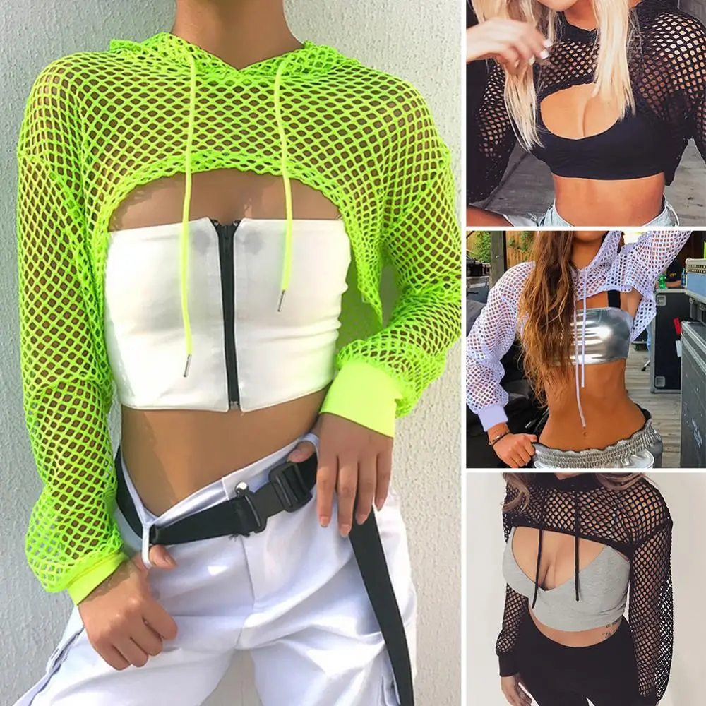 FREE SHIPPING Fishnet Mesh Hoodie Crop Top Gothic Streetwear Y2K OUT1067 FREE SHIPPING Fishnet Mesh Hoodie Crop Top Gothic Streetwear Y2K OUT1067