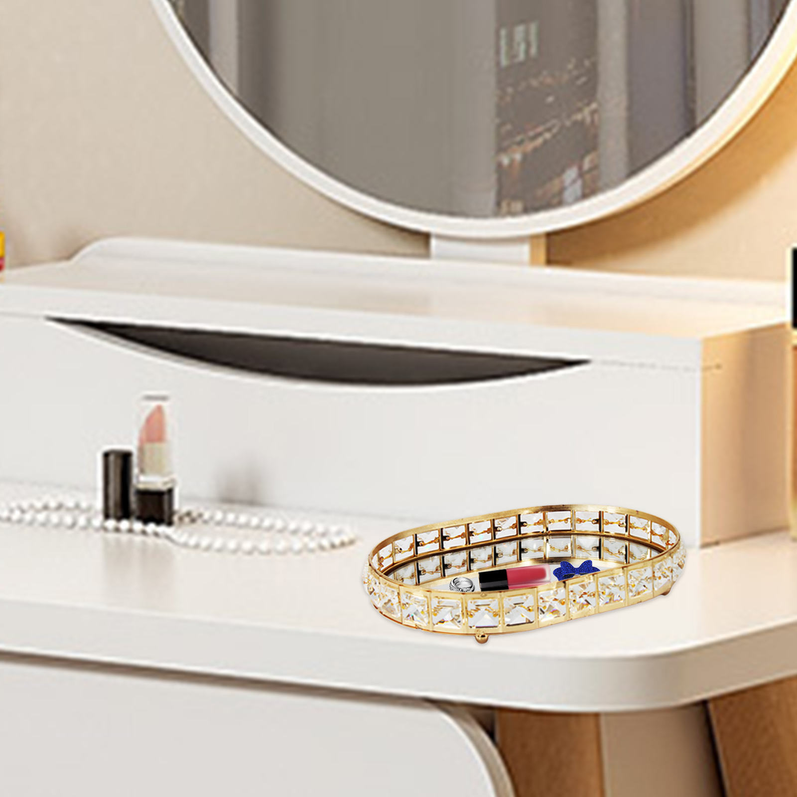 Golden Jewelry Storage Box Tray Glass Mirrored Crystal Cosmetic Make Up Organizer Home Decoration Desktop Plate Tray Golden Jewelry Storage Box Tray Glass Mirrored Crystal Cosmetic Make Up Organizer Home Decoration Desktop Plate Tray