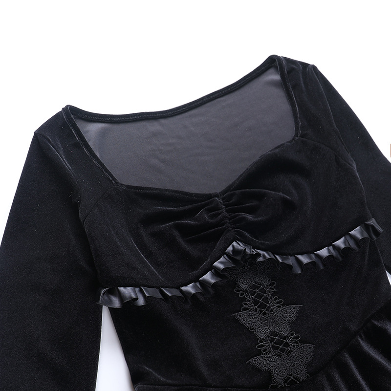 Vintage E-girl Grunge Gothic Black Velvet Mini Dress Elegant Lace Trim Long Sleeve High Waist Corset Lolita Dresses Women Autumn Vintage E-girl Grunge Gothic Black Velvet Mini Dress Elegant Lace Trim Long Sleeve High Waist Corset Lolita Dresses Women Autumn