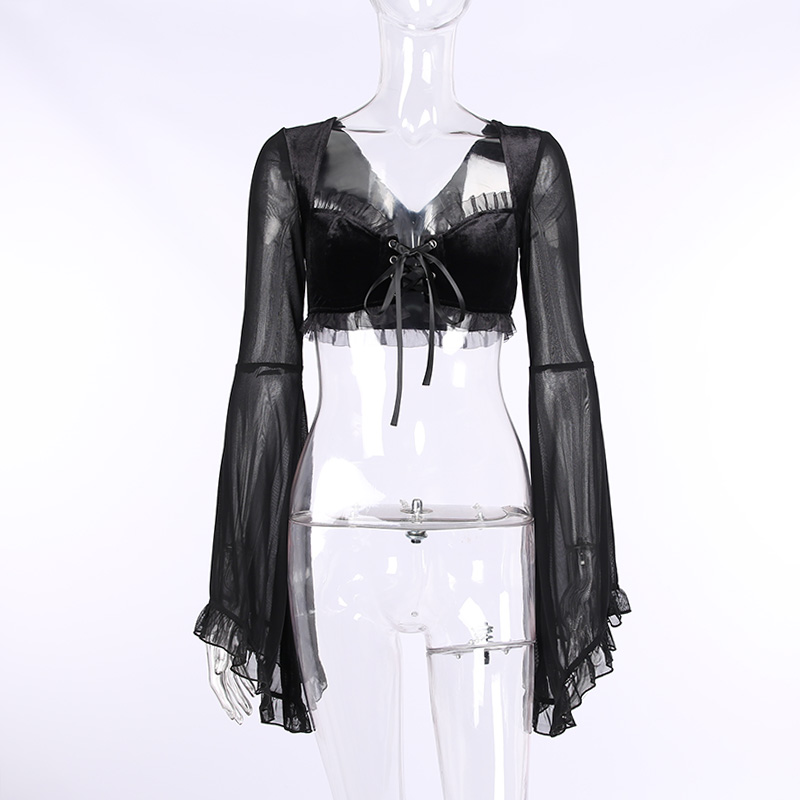 E-girl Gothic Crop Top Ruffles Mesh Flare Long Sleeve Low Cut Square Collar Slim Fit Black T-shirt Chiffon Blouse Women Tees E-girl Gothic Crop Top Ruffles Mesh Flare Long Sleeve Low Cut Square Collar Slim Fit Black T-shirt Chiffon Blouse Women Tees