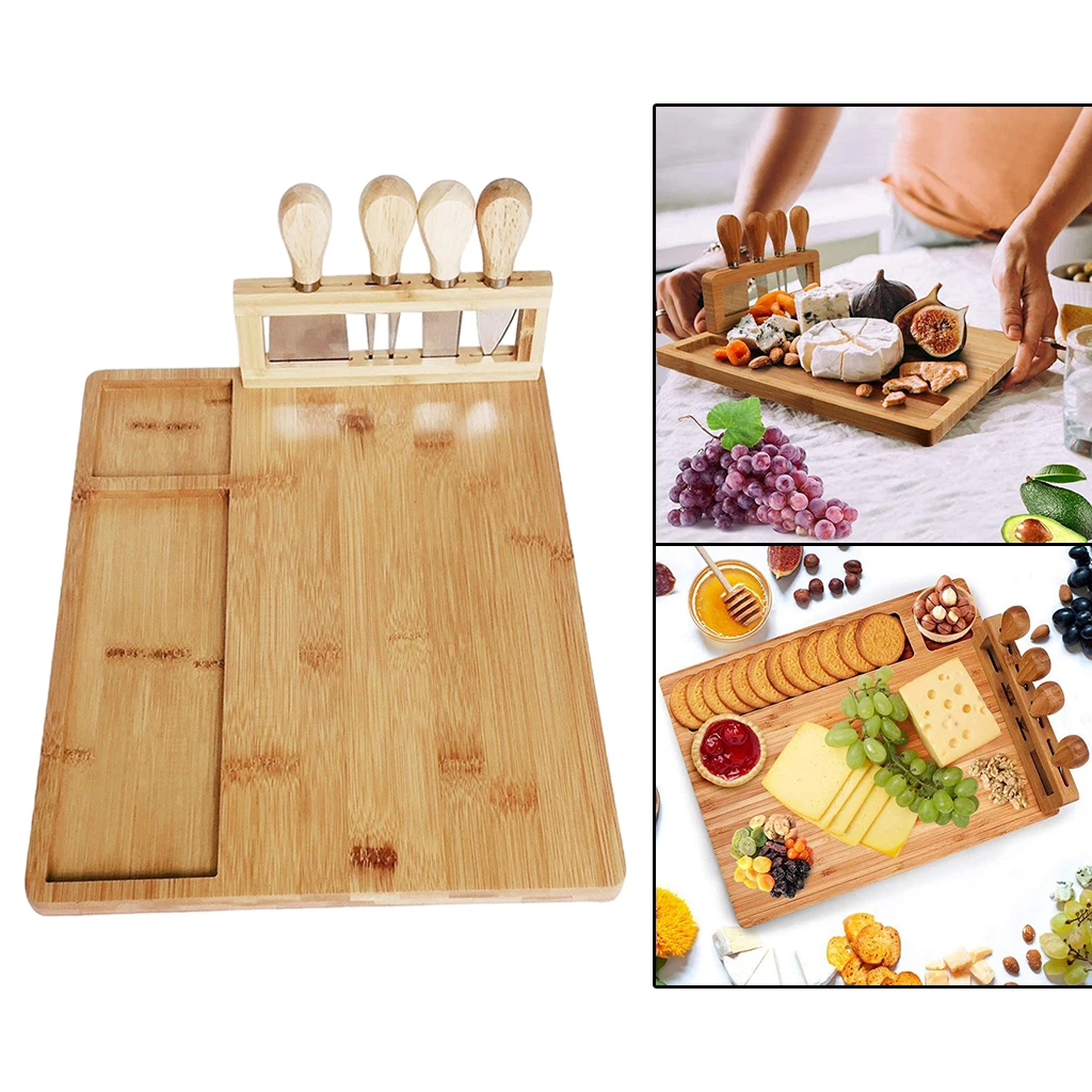 Natural Bamboo Cheese Board Set Serving Tray for Wine, Crackers, Charcuterie Snack Food Appetizers Fruit