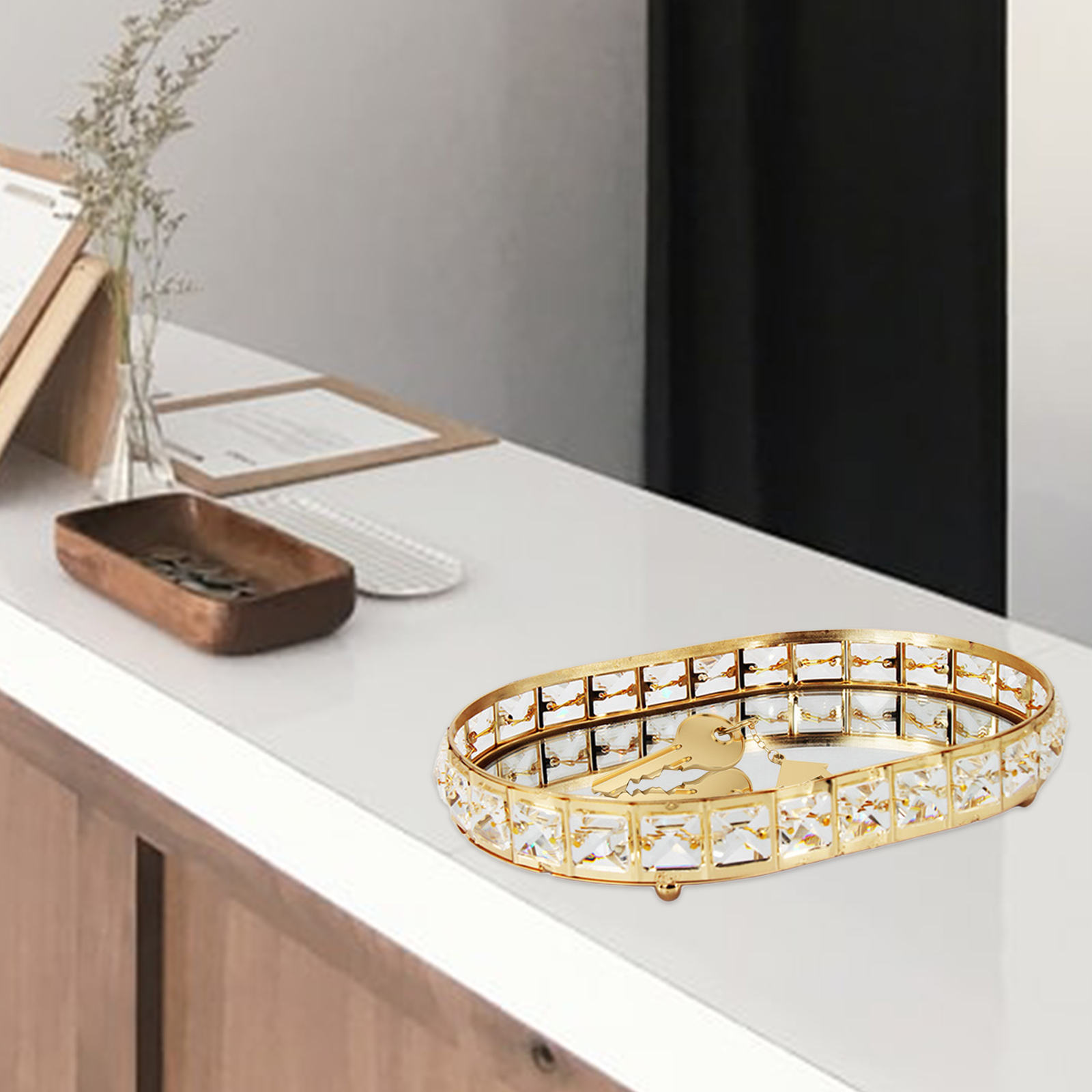 Golden Jewelry Storage Box Tray Glass Mirrored Crystal Cosmetic Make Up Organizer Home Decoration Desktop Plate Tray Golden Jewelry Storage Box Tray Glass Mirrored Crystal Cosmetic Make Up Organizer Home Decoration Desktop Plate Tray