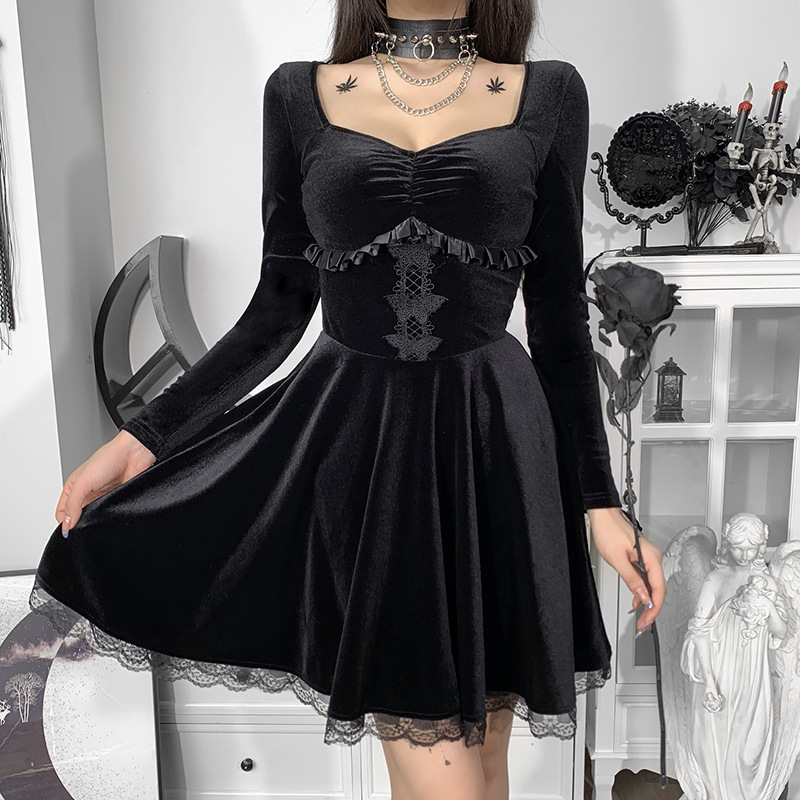 Vintage E-girl Grunge Gothic Black Velvet Mini Dress Elegant Lace Trim Long Sleeve High Waist Corset Lolita Dresses Women Autumn Vintage E-girl Grunge Gothic Black Velvet Mini Dress Elegant Lace Trim Long Sleeve High Waist Corset Lolita Dresses Women Autumn