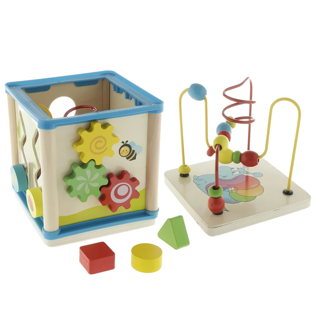 Activity Cube. Wood Shape & Color Sorter, Bead Maze & Gear Game and Block Track, Kids Toddlers Developmental Toy