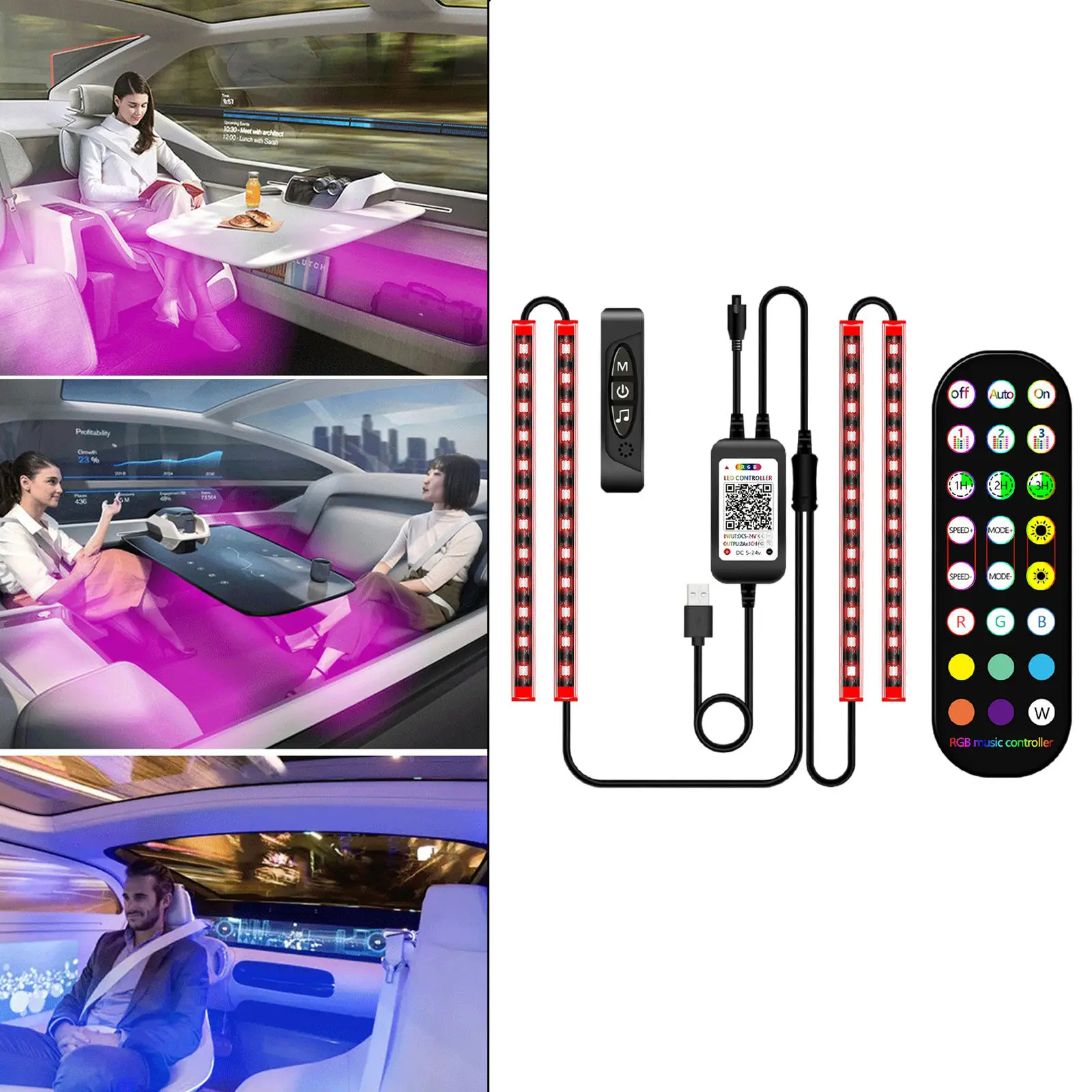 Car Interior Lights Multi-Color 3 in 1 Voice Control 48LED DIY Decor Remote Music Control Bluetooth Atmosphere Lamp for Party