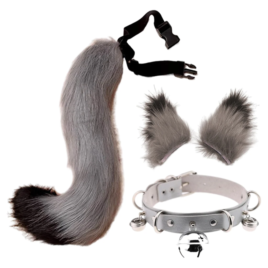 Faux Fur Kitten Cat Long Tail Ears Hair Clips and Faux Leather Neck Collar Choker Set Halloween Party Cosplay Costume