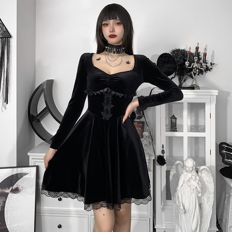 Vintage E-girl Grunge Gothic Black Velvet Mini Dress Elegant Lace Trim Long Sleeve High Waist Corset Lolita Dresses Women Autumn Vintage E-girl Grunge Gothic Black Velvet Mini Dress Elegant Lace Trim Long Sleeve High Waist Corset Lolita Dresses Women Autumn