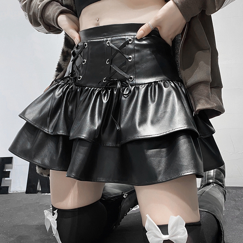 E-girl Punk Style PU Leather Mini Skirts Hight Waist Lace Up Bandage Black Pleated A-line Skirt Streetwear Girls Dark Academia E-girl Punk Style PU Leather Mini Skirts Hight Waist Lace Up Bandage Black Pleated A-line Skirt Streetwear Girls Dark Academia