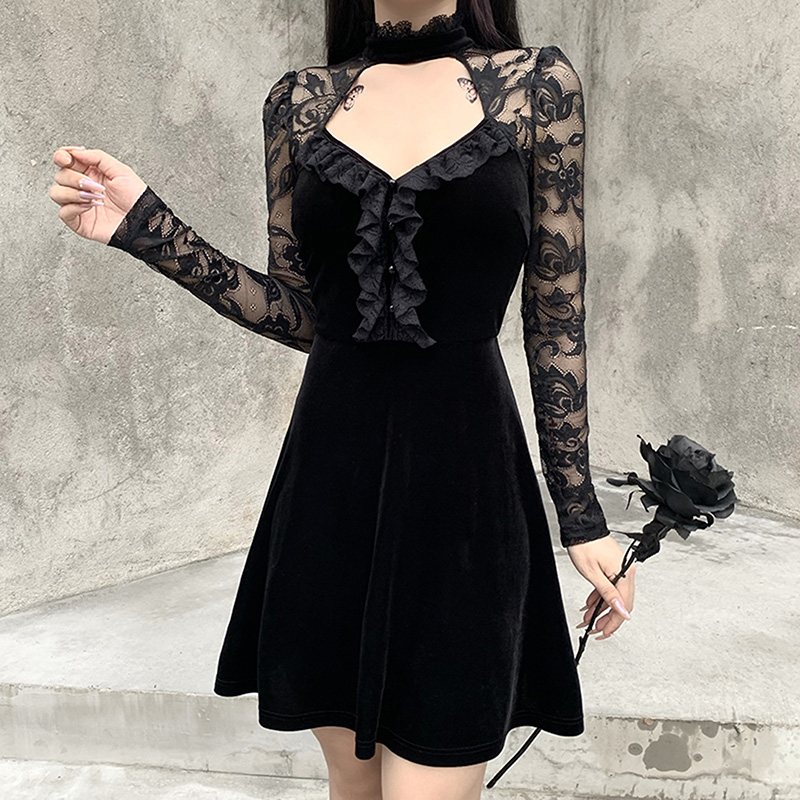 Punk Gothic Mini Dress Elegant Lady Velvet Black Lace Pathwork Long Sleeve High Waist A-line Dress Women Mall Grunge Clothes Punk Gothic Mini Dress Elegant Lady Velvet Black Lace Pathwork Long Sleeve High Waist A-line Dress Women Mall Grunge Clothes