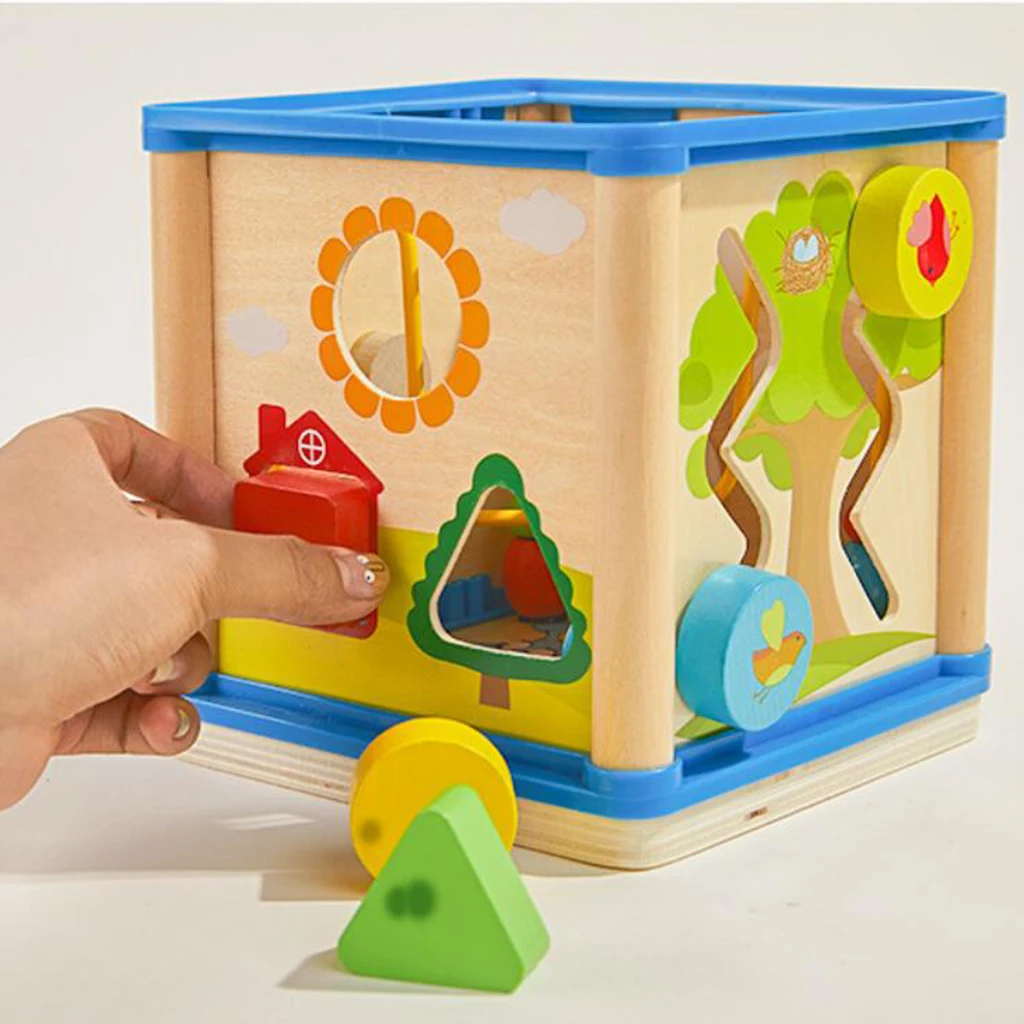 Activity Cube. Wood Shape & Color Sorter, Bead Maze & Gear Game and Block Track, Kids Toddlers Developmental Toy