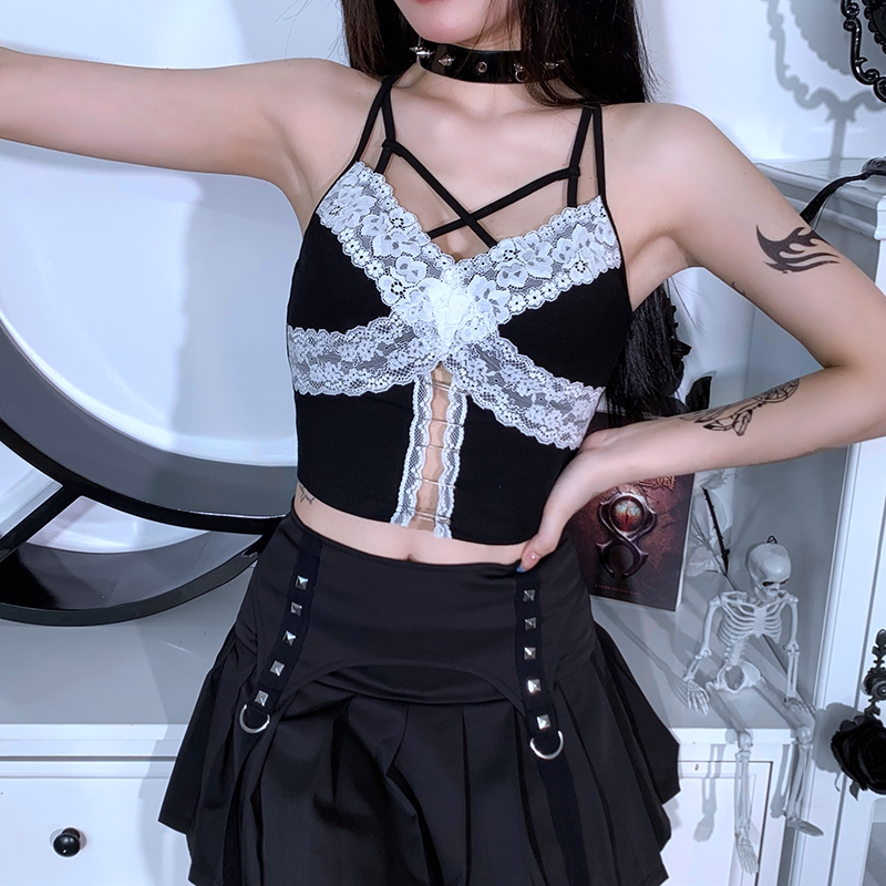 Punk Style White Lace Patchwork Cami Top Pin Hollow Out Sleeveless Cropped Top E-girl Gothic Emo Alt Indie Clothes Women Vest Punk Style White Lace Patchwork Cami Top Pin Hollow Out Sleeveless Cropped Top E-girl Gothic Emo Alt Indie Clothes Women Vest