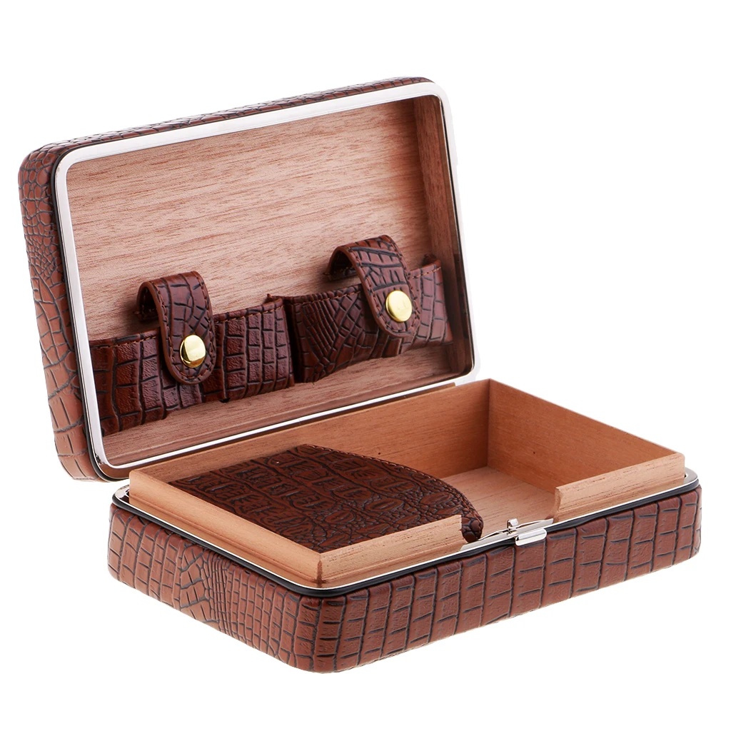 Brown / Black Leather Travel Humidor Case Cedar Wood Storage Lined 4 Fingers