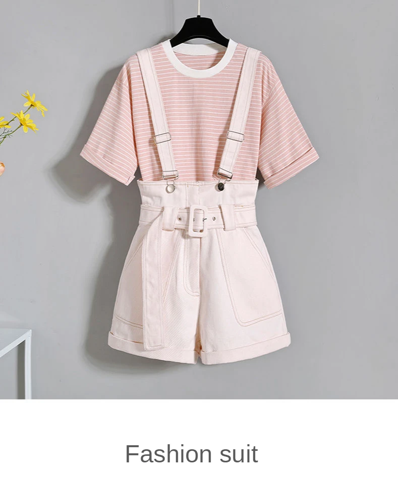 plus size pjs 2021 Summer Korean Fashion Striped T-shirt Overalls Set for Women Leisure Joker Girls Student High Waist Shorts Clothing Sets matching lounge set