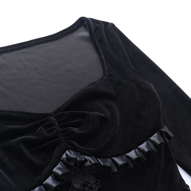 Vintage E-girl Grunge Gothic Black Velvet Mini Dress Elegant Lace Trim Long Sleeve High Waist Corset Lolita Dresses Women Autumn Vintage E-girl Grunge Gothic Black Velvet Mini Dress Elegant Lace Trim Long Sleeve High Waist Corset Lolita Dresses Women Autumn