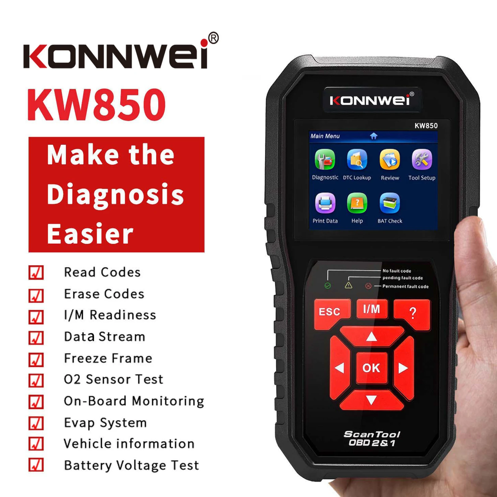 KW850 OBD2 Auto Car Diagnostic Scanner Tool Check Engine Car Scanner Black