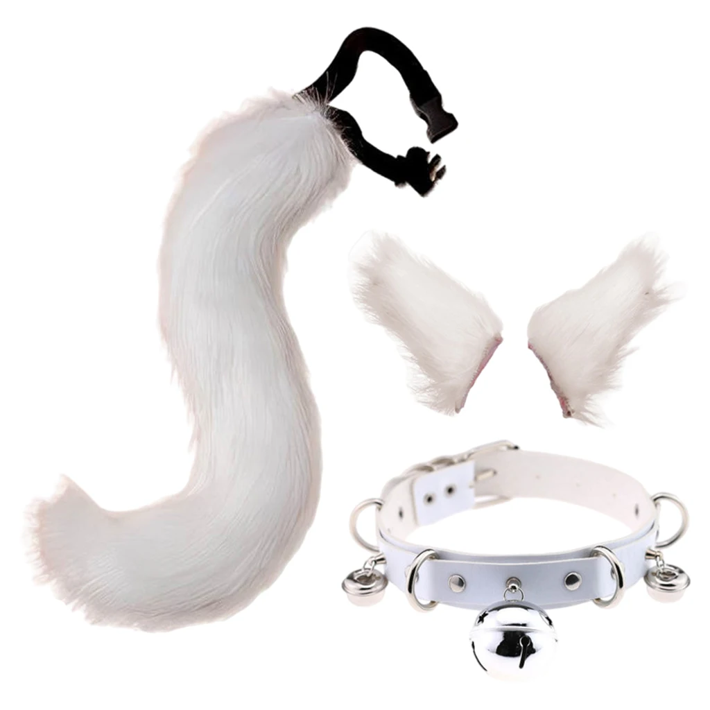 Faux Fur Kitten Cat Long Tail Ears Hair Clips and Faux Leather Neck Collar Choker Set Halloween Party Cosplay Costume