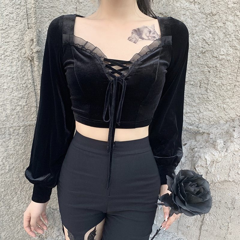 Vintage Velvet Women Crop Top Romantic Lantern Sleeve Bandage Lace Patchwork T-shirt Women Sexy Tees E-girl Mall Goth Clothes Vintage Velvet Women Crop Top Romantic Lantern Sleeve Bandage Lace Patchwork T-shirt Women Sexy Tees E-girl Mall Goth Clothes