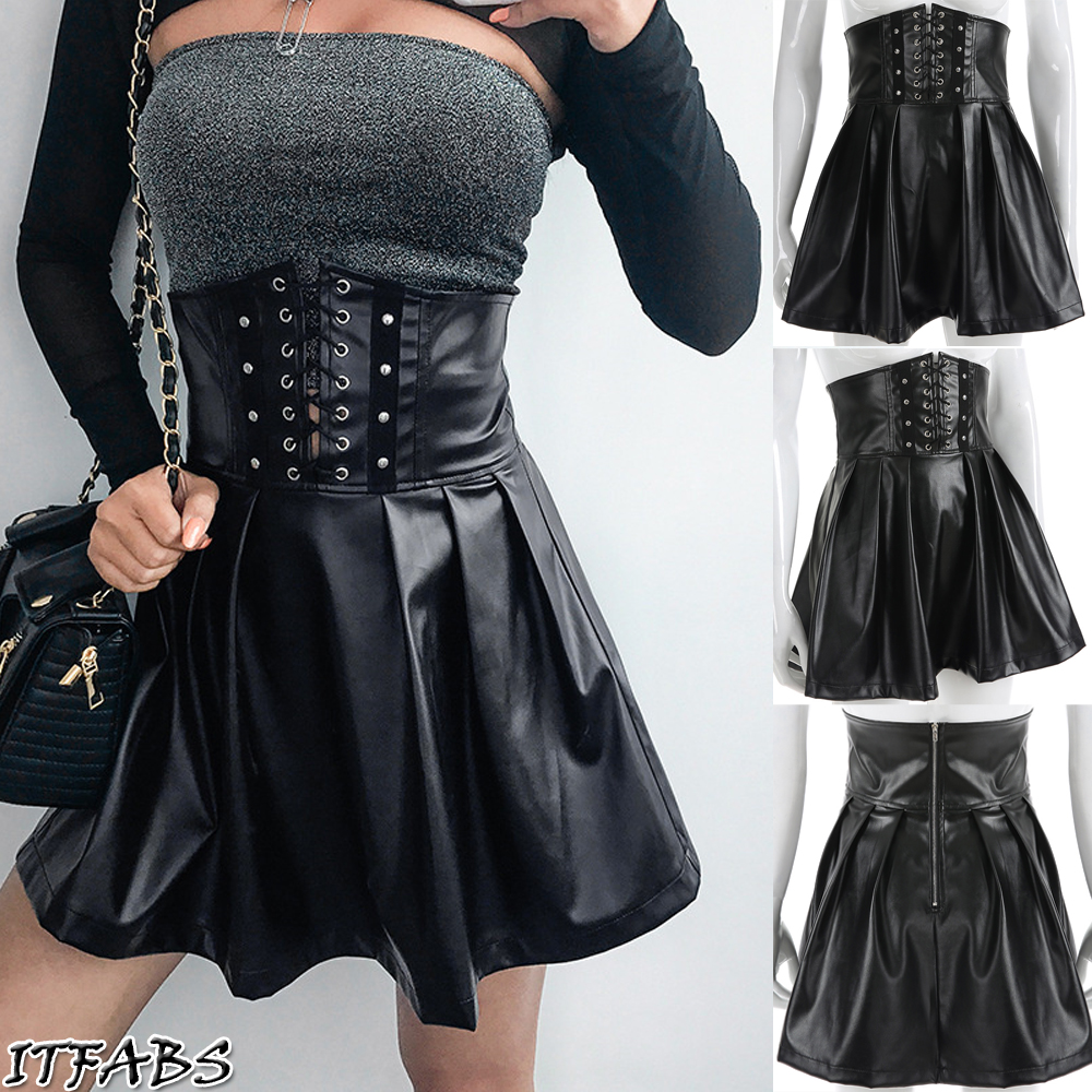 E-girl Gothic PU Leather Pleated Skirts Harajuku High Waist Tight Bandage Mini Skirt Punk Style Grunge Dark Academia Clothes E-girl Gothic PU Leather Pleated Skirts Harajuku High Waist Tight Bandage Mini Skirt Punk Style Grunge Dark Academia Clothes