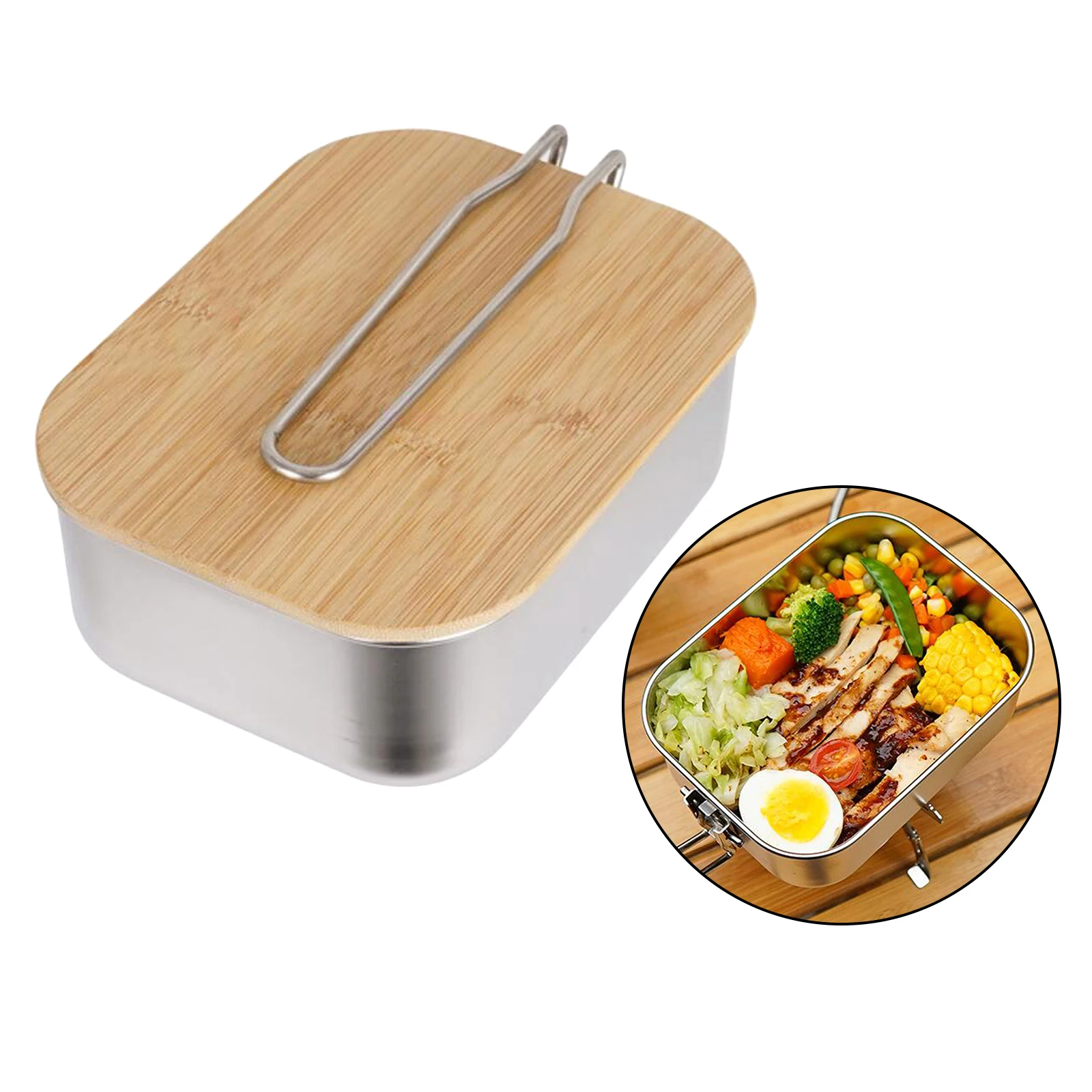 Stainless Steel Lunch Box Wood Lid Bento Box Portable Food Container Storage
