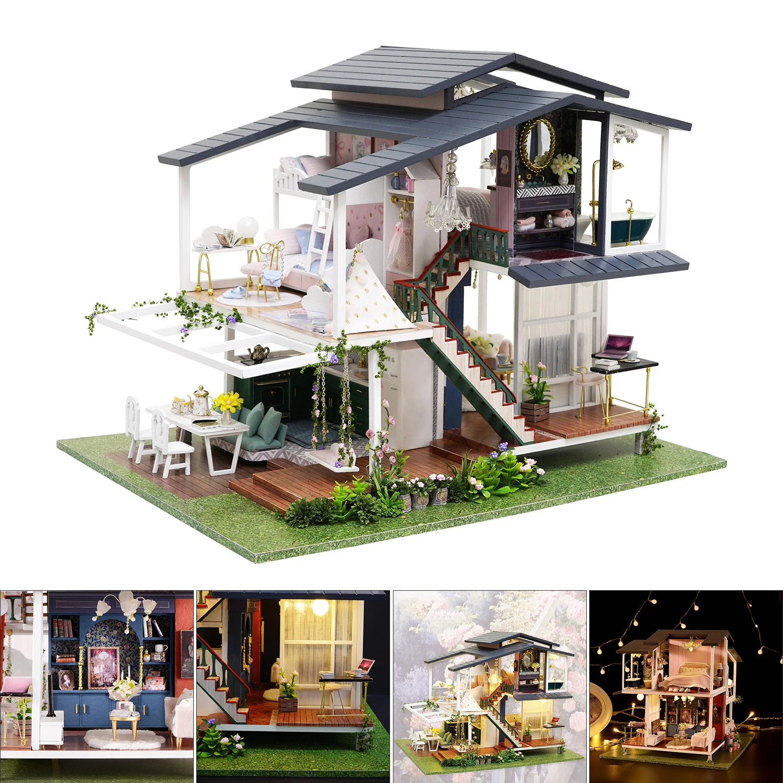 DIY Handcraft Miniature Creative Doll House Furniture Kits Mini Wood Romantic Modern Villa Cottage House LED Light Puzzle Toys