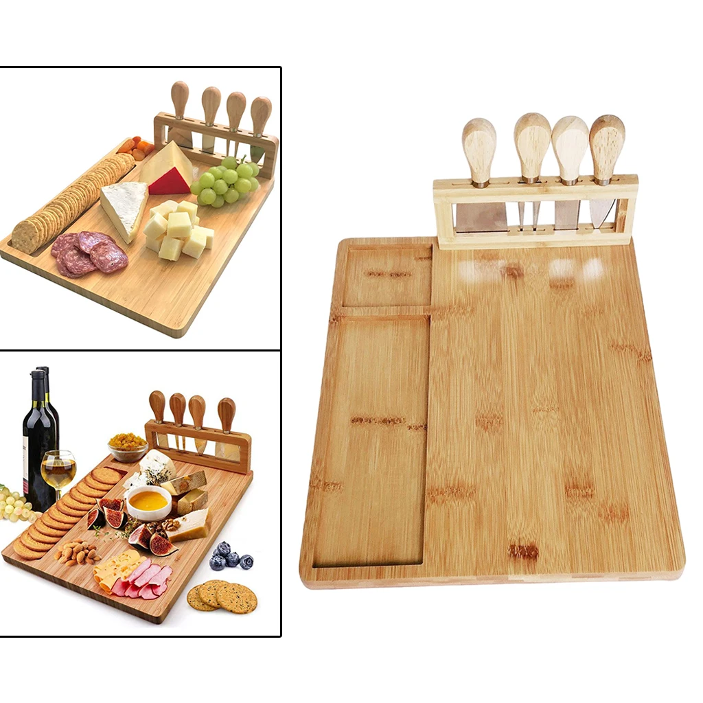 Natural Bamboo Cheese Board Set Serving Tray for Wine, Crackers, Charcuterie Snack Food Appetizers Fruit