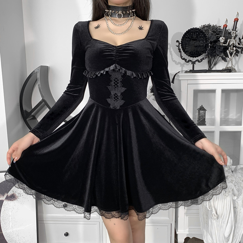 Vintage E-girl Grunge Gothic Black Velvet Mini Dress Elegant Lace Trim Long Sleeve High Waist Corset Lolita Dresses Women Autumn Vintage E-girl Grunge Gothic Black Velvet Mini Dress Elegant Lace Trim Long Sleeve High Waist Corset Lolita Dresses Women Autumn