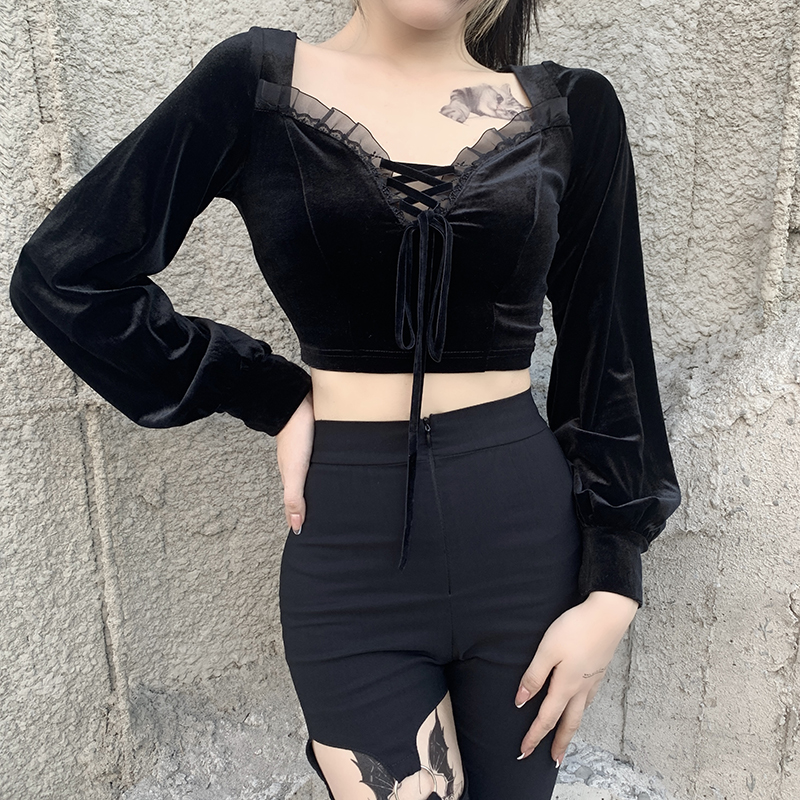 Vintage Velvet Women Crop Top Romantic Lantern Sleeve Bandage Lace Patchwork T-shirt Women Sexy Tees E-girl Mall Goth Clothes Vintage Velvet Women Crop Top Romantic Lantern Sleeve Bandage Lace Patchwork T-shirt Women Sexy Tees E-girl Mall Goth Clothes