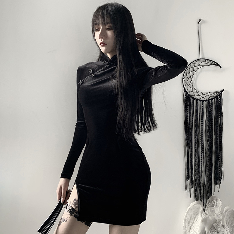 Chinese Style Velvet Cheongsam Dress Stand Collar Long Sleeve Skinny Split Mini Dress Qipao Women Fairycore Grunge Gothic Cloth Chinese Style Velvet Cheongsam Dress Stand Collar Long Sleeve Skinny Split Mini Dress Qipao Women Fairycore Grunge Gothic Cloth