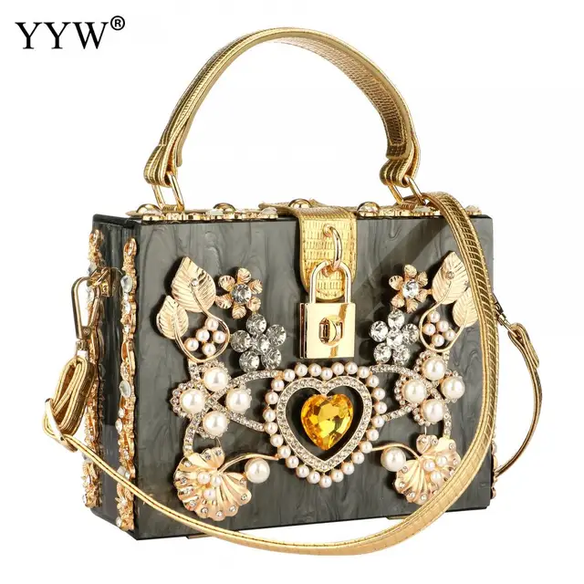 Buy Generic Fashion Box evening bag diamond flower Clutch Bag hollow relief  Acrylic luxury handbag banquet party purse women's Shoulder bag Color  Black-350850 at