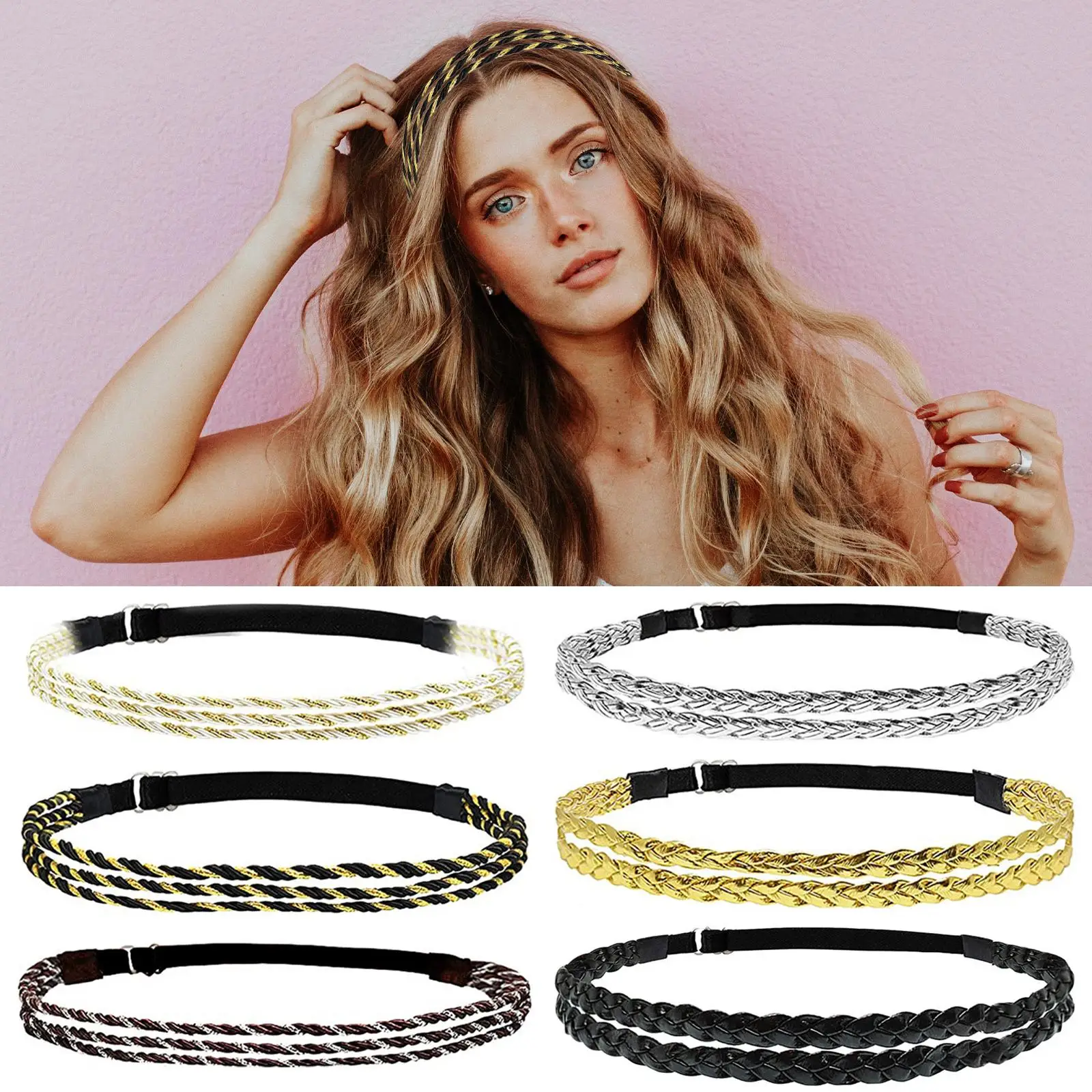 6x Braided Headbands with Double Braided and Triple Strand Hippie Hair Accessory Boho No Slip Hair Band for Girl Unisex Women