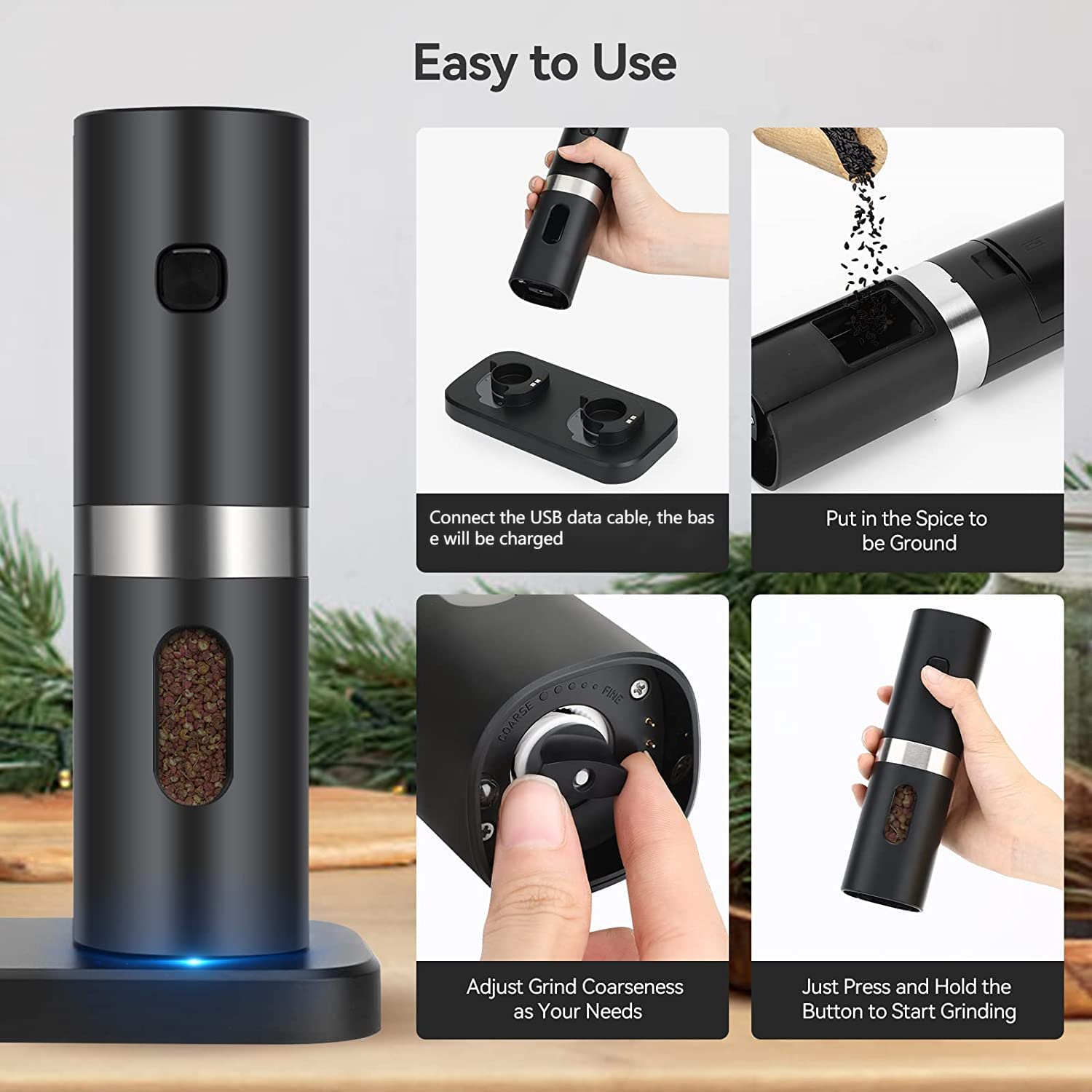 Electric Salt And Pepper Grinder Set With Charging Base Automatic Salt Pepper Mill Refillable Adjustable Coarseness Salt Grinder Electric Salt And Pepper Grinder Set With Charging Base Automatic Salt Pepper Mill Refillable Adjustable Coarseness Salt Grinder