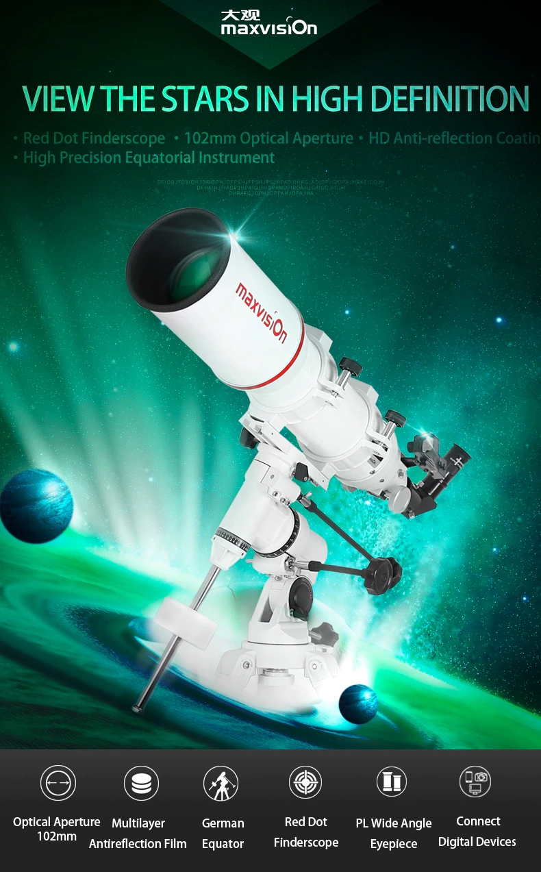 Maxvision Profession 102EQ 102 660MM Refractor telescopio astronómico