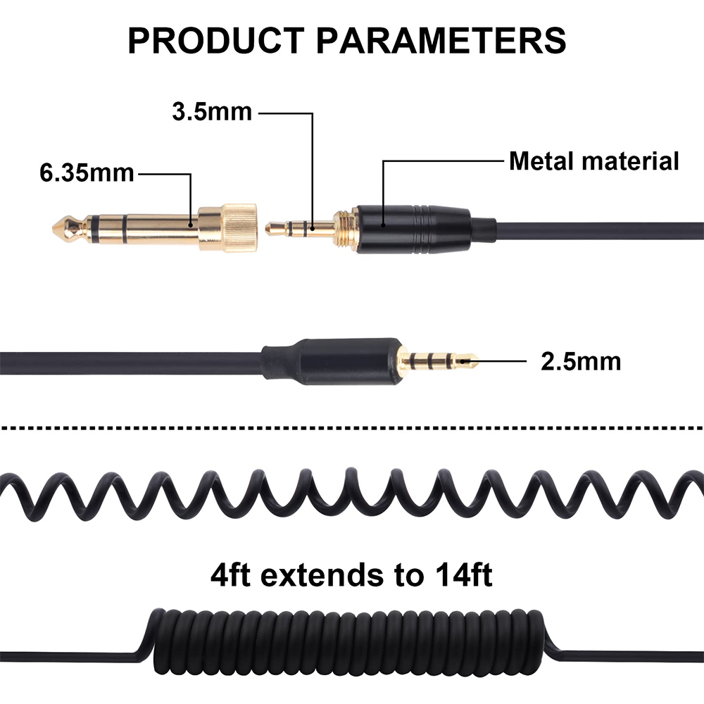 6.35mm Spring Coiled Replacement Cable Extension Cord For Shure Aonic 40 50 Bluetooth Wireless Noise Cancelling Headphones 6.35mm Spring Coiled Replacement Cable Extension Cord For Shure Aonic 40 50 Bluetooth Wireless Noise Cancelling Headphones