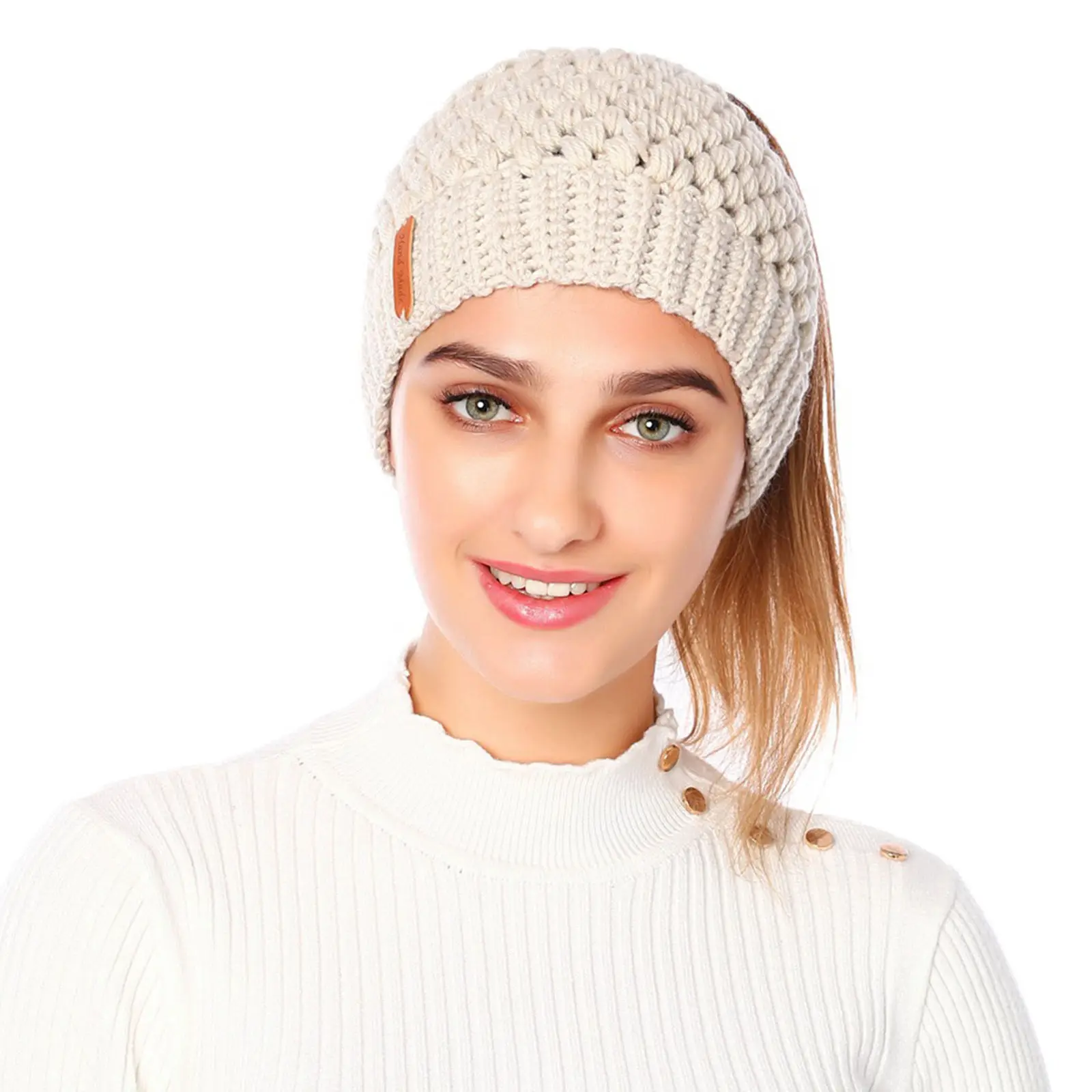 Winter Knitting Hats Warm Women Ladies Girl Stretch Knit Messy Bun Ponytail Beanie Holey Hats Caps for Outdoor Sports