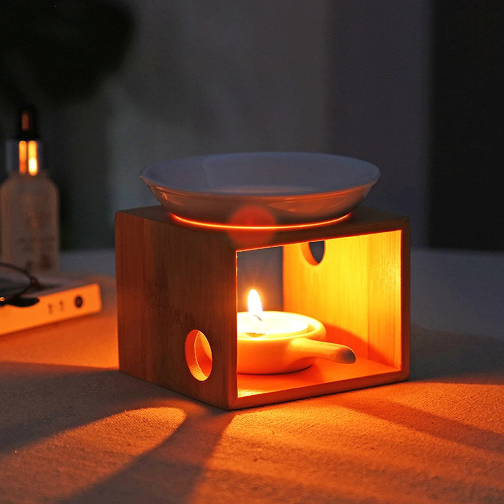 Ceramic Candle Holder Essential Oil Burner Diffuser Wood Base Aromatherapy Incense Lamps Porcelain Home Living Room Decors