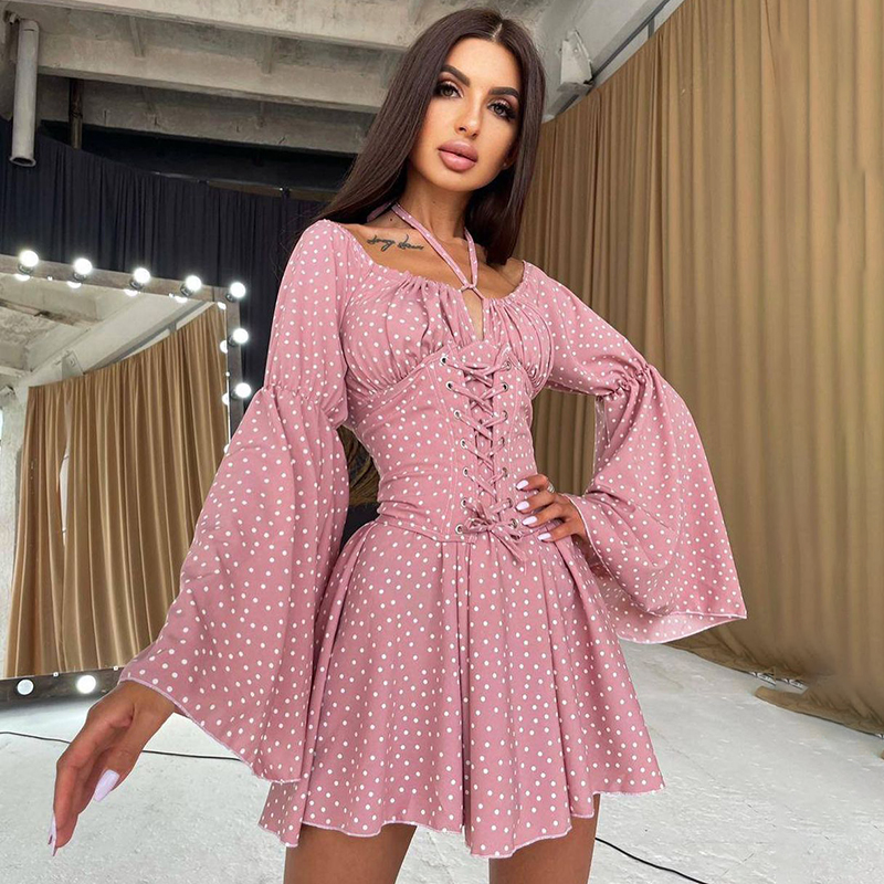 Waliicorners Vintage Dress Polka Dot Flare Sleeve Pleated Dresses Bohemian Dress Long Sleeve Tie Up Corset 9 H001d382a2fe64cf7990eaa3d4f2784f4i