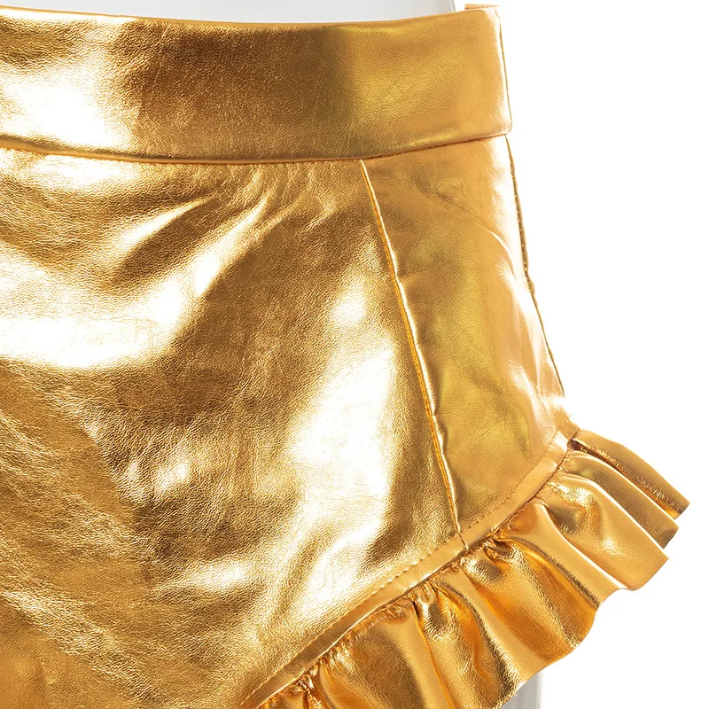 summer clothes for women Women’s Shiny Metallic Shorts Summer High Waist Solid Color PU Leather Ruffle Trim Short Pants Gold/Silver/Pink nike pro shorts