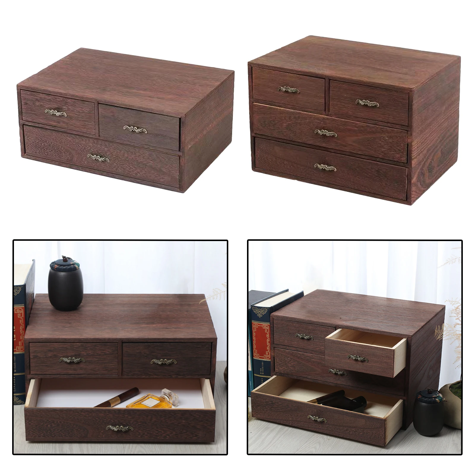 Retro Jewelry Box Drawer Type Organizer Desktop Wood Storage Case Home Decorative Gift Boxes Jewelry Trinket Treasure Organizer