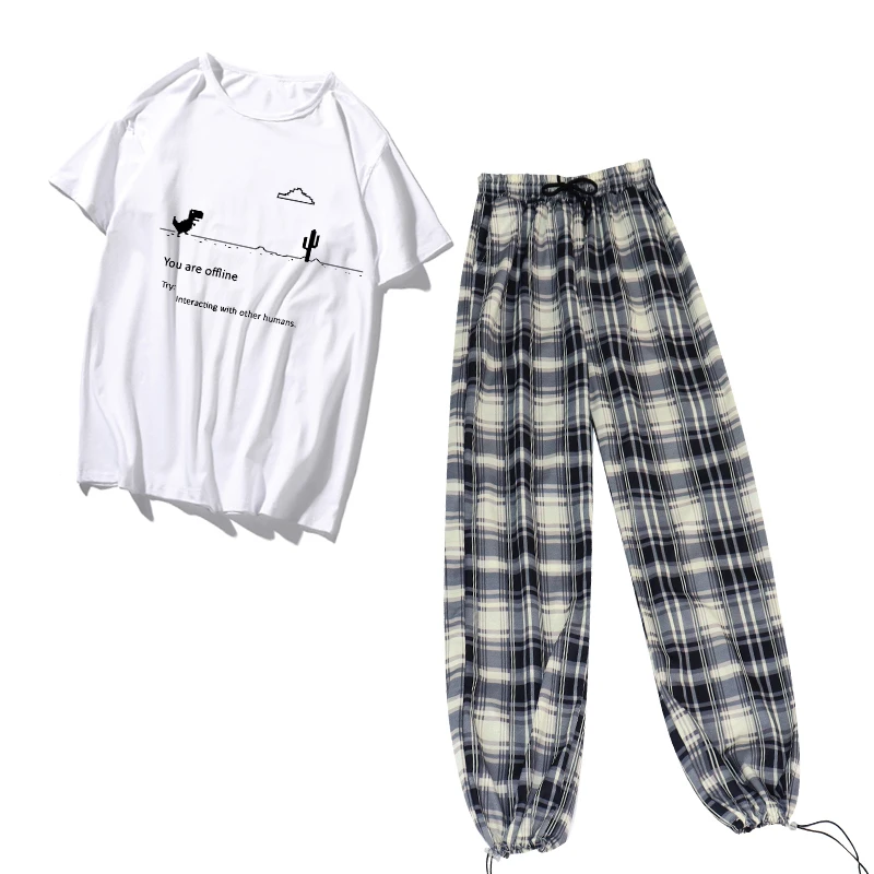 Sweat Pants Set for Women Track Suit Plaid Pants Women Wide Leg Loose Casual Outfits for Girls Dinosaur Harajuku Style T-shirts jogging suits women