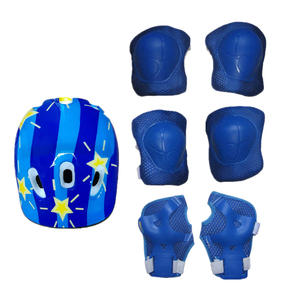 Set of 7 Pcs Kids Adult Roller Skating Helmet Knee Wrist Guard Elbow Pad Blue Roller Skate Helmet