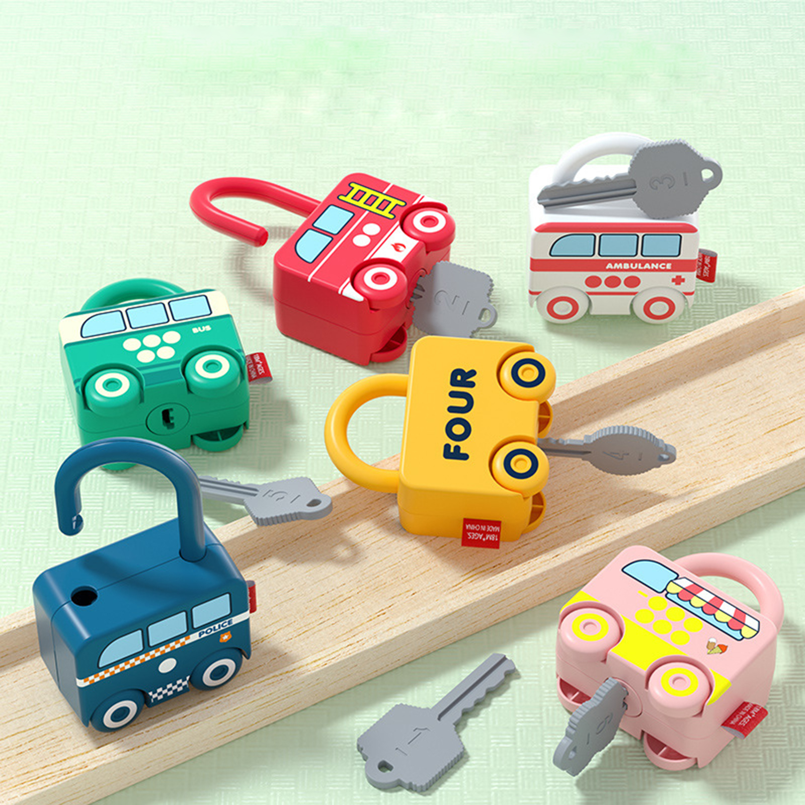 Cartoon Bus Unlocking Paired Toys, Digital Car Locks Keys Matching Educational Set Intelligence Kits for Preschool Children