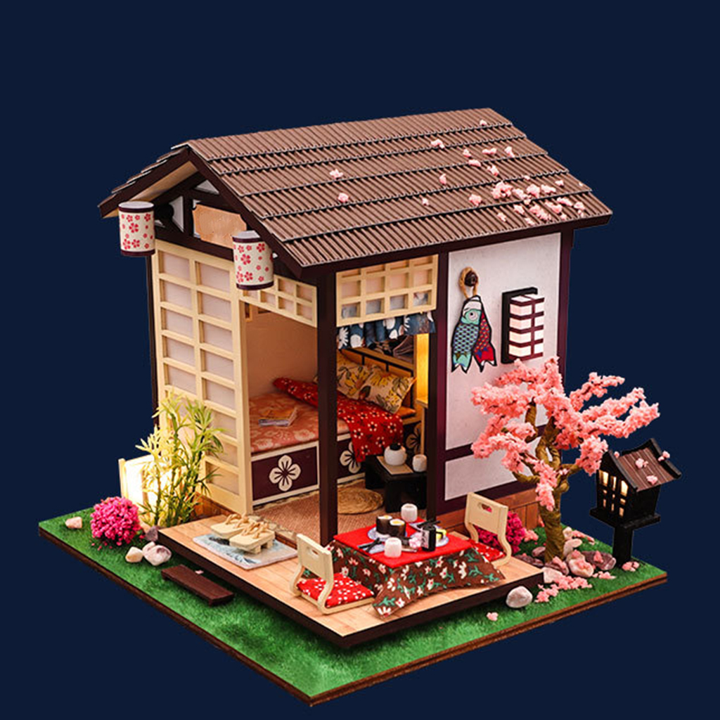 DIY Dollhouse with Realistic Furniture LED Light Battery Case Wooden Japanese Cottage Toys for Kids Adults Birthday