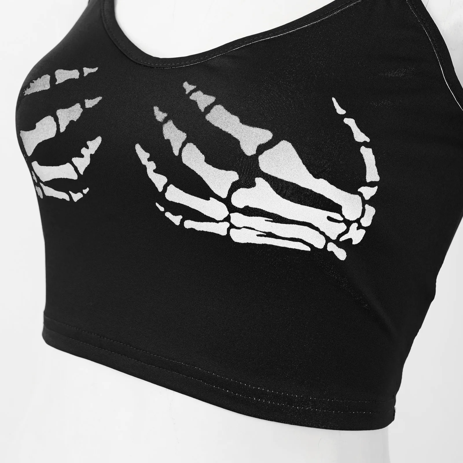 womens cami TiaoBug Sexy Gothic Club Summer Women Crop Top Camis Black Sleeveless Human Skeleton Skull Hand Printed Tights Vest Streetwear target camisole