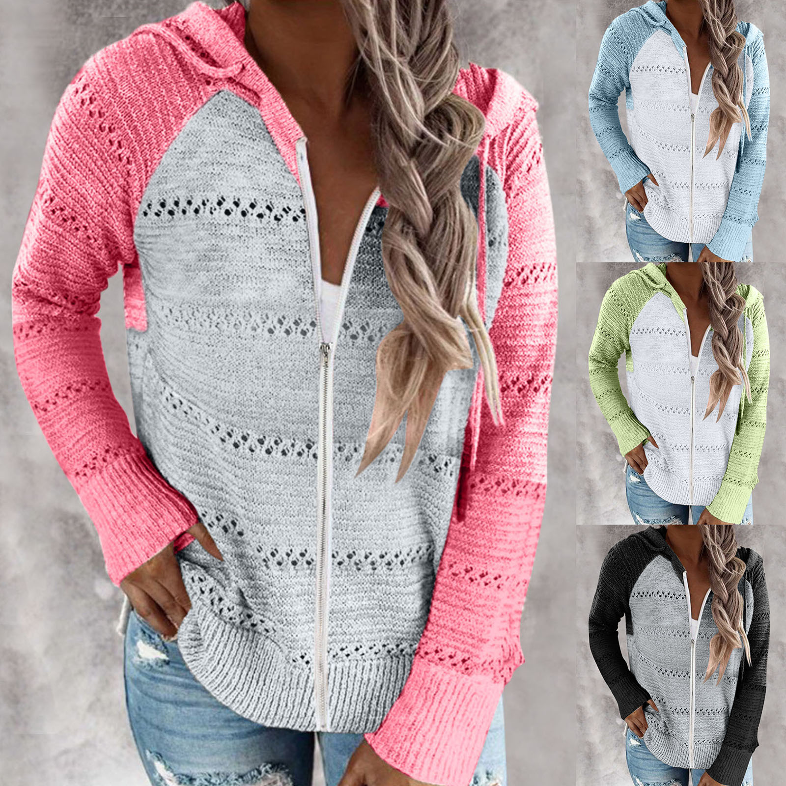 hoodies moda feminina casual retalhos mangas compridas com capuz camisolas elegantes tops outono tricô zíper oco para fora topos