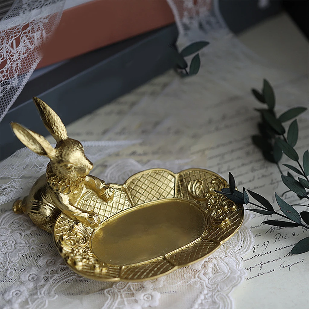 Adorable Bunny Ring Holder Jewelry Tower Resin Golden Dish Plate Jewel Display Organizer Trinket Tray, Lovely Rabbit