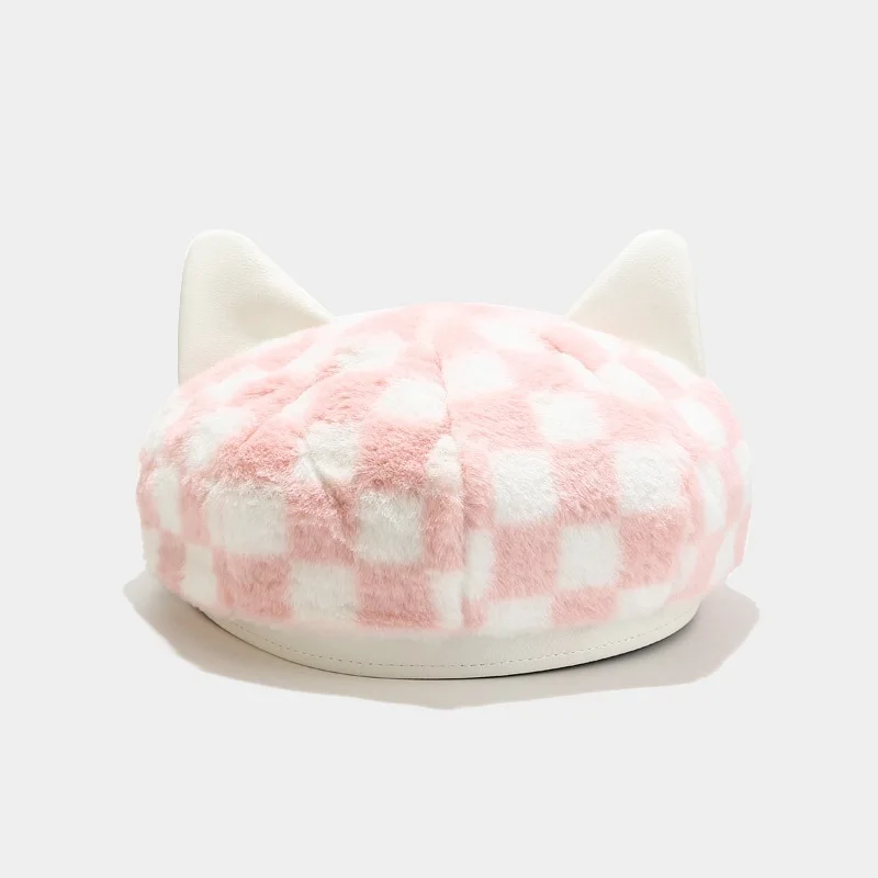 Beret Autumn and Winter Checkerboard Hat Japanese Cute Cat Ears Black and White Plaid Painter Hat Popular Women's Hat red beret men