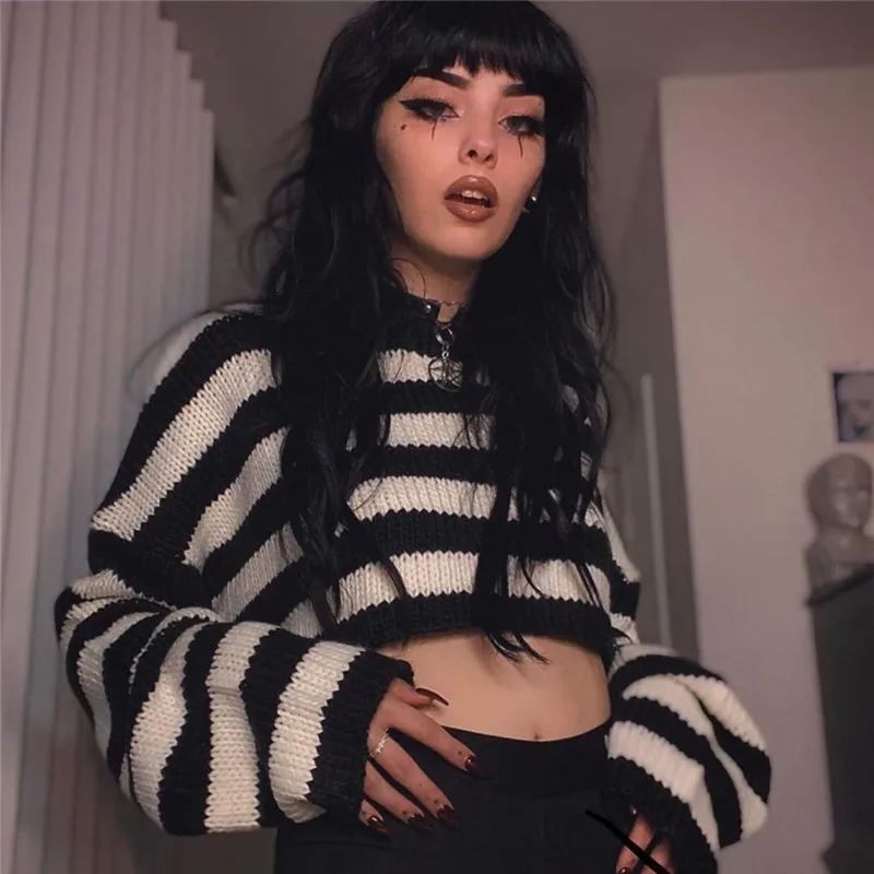Women Gothic Streetwear Striped O-neck Long Sleeve Sweaters Vintage Punk Pullover Autumn Harajuku loose Crop Sweaters long cardigan