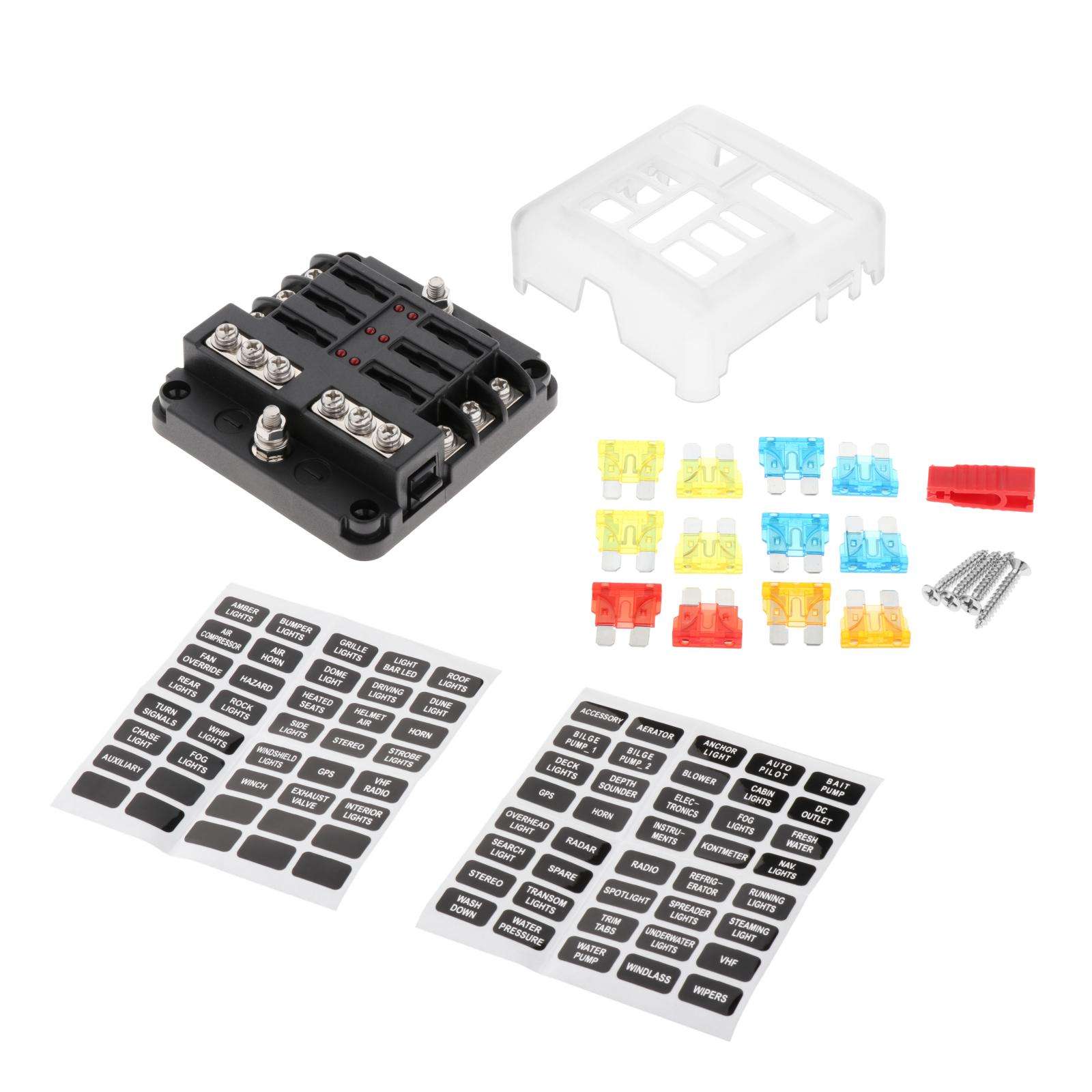 Cars LED Fuse Box PBT with Protection Cover 6 Way with LED Indicator Blade Fuse Block for RV Van Automotive Boats Marines