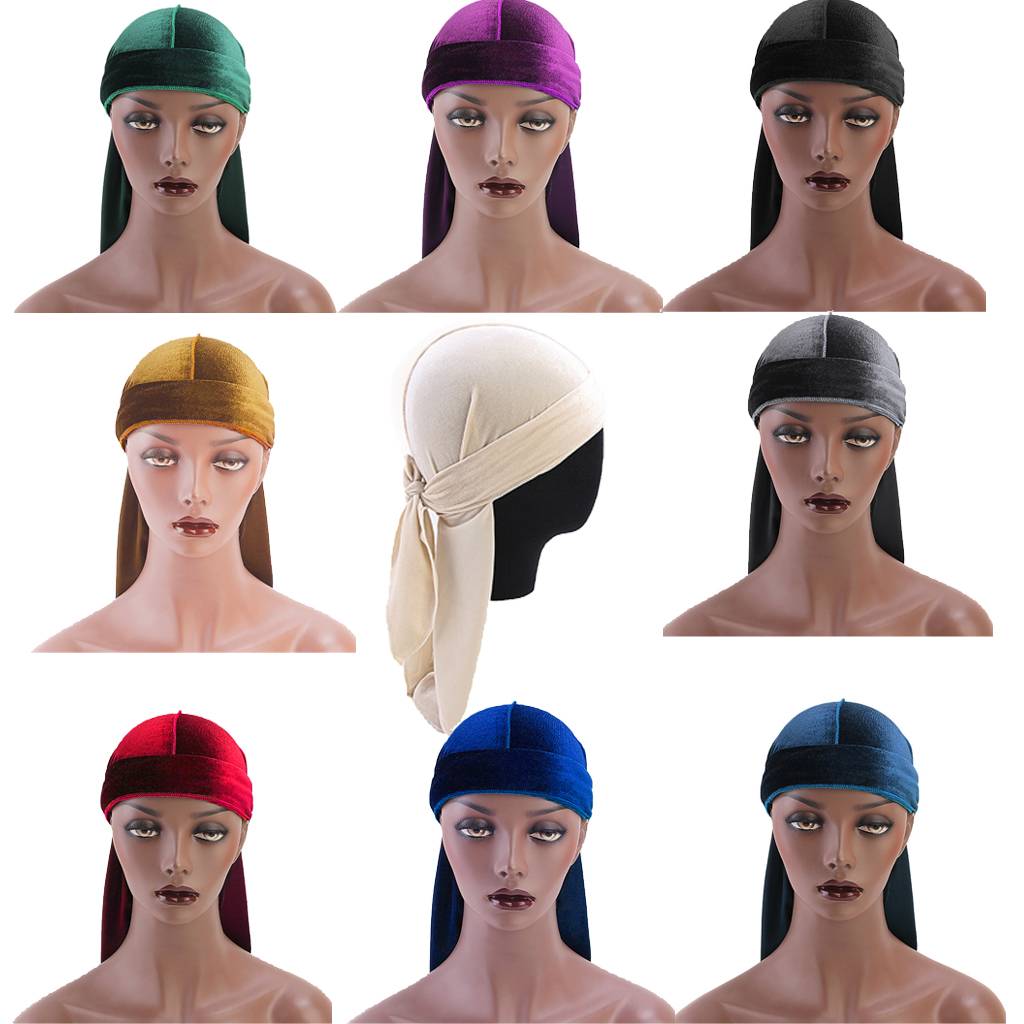 Men's Elegant Velvet Bandana Hat Long Tail Headwear Beanie Cap Chemo Hat
